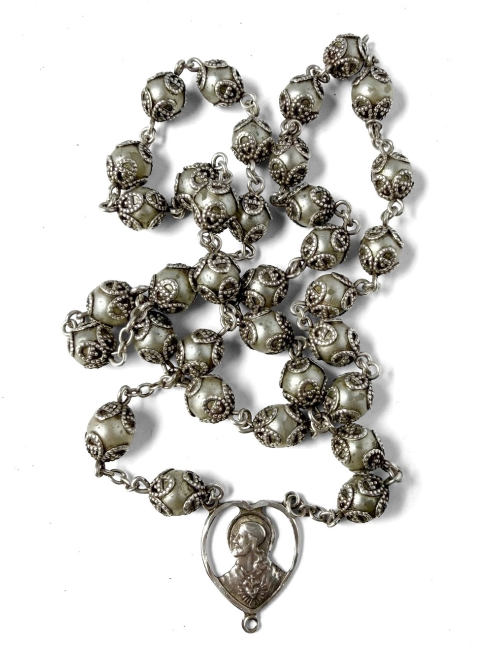 Vintage Sterling Silver Rosary Capped Faux Pearls Jesus Sacred Heart AS IS FLAWS